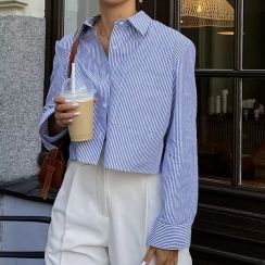 4Pcs Womens Short Loose Striped Shirt