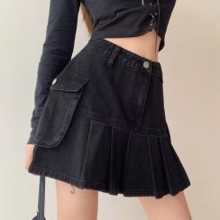 2Pcs Black Denim High Waist Pleated Skirt