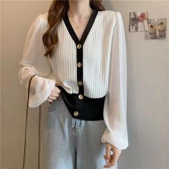 4Pcs Womens Chiffon Puffy Sleeve Knit Sweater