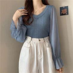 4Pcs Womens Patchwork Chiffon V Neck Knit Sweater